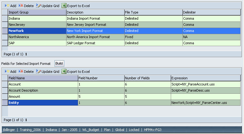 The image shows the Import Formats screen. The expression for the Account Description row of the NewYork import format contains the NY_ParseDesc.uss script.